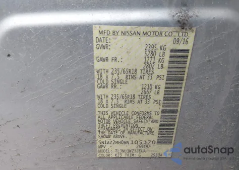 2017 Nissan Murano Platinum/S/Sl/Sv z USA, uszkodzony, nr VIN 5N1AZ2MH0HN105170